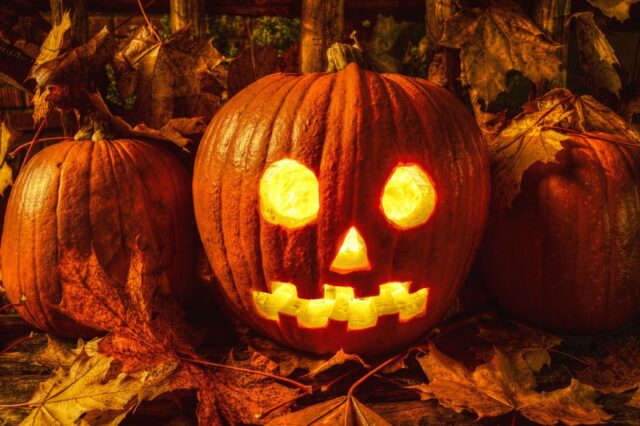 Zucca intagliata e illuminata tra le foglie d’autunno